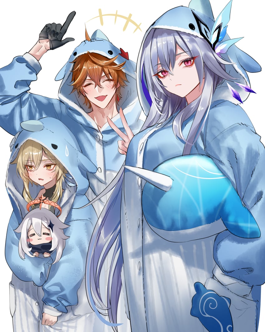 lumine, paimon, tartaglia, and skirk (genshin impact) drawn by pottsness