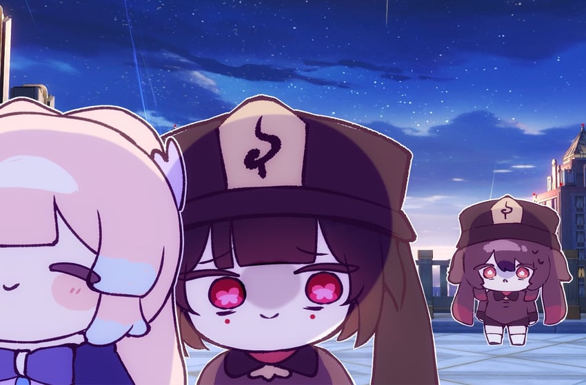 hu tao, sparkle, and sangonomiya kokomi (genshin impact and 3 more) drawn by mikurumikurumi