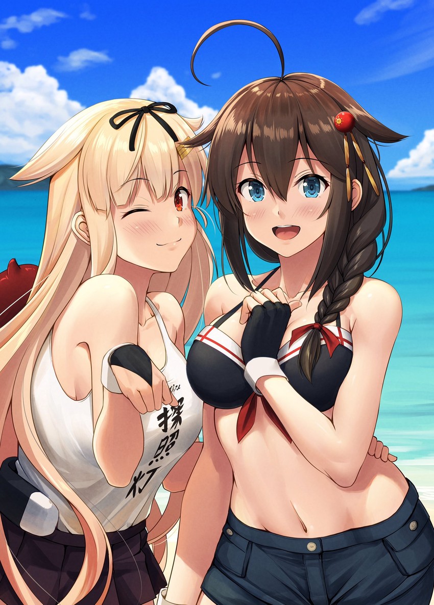 shigure, yuudachi, shigure kai ni, yuudachi kai ni, and enemy lifebuoy (kantai collection) drawn by ichikawa_feesu