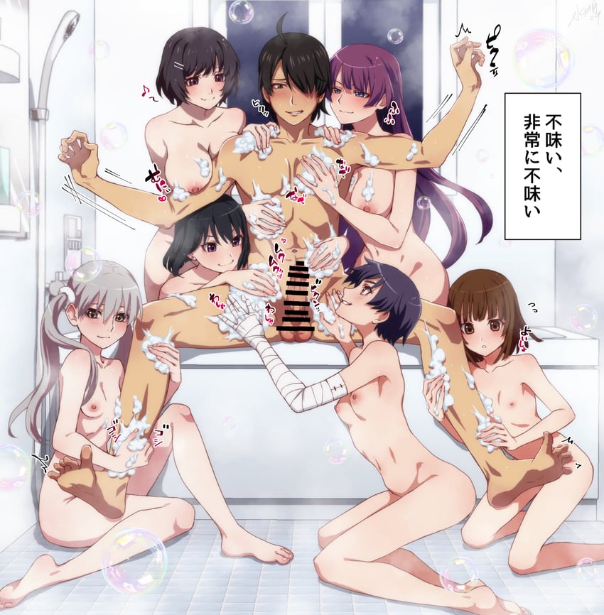 senjougahara hitagi, hanekawa tsubasa, sengoku nadeko, araragi koyomi, kanbaru suruga, and 2 more (monogatari) drawn by minazukio9