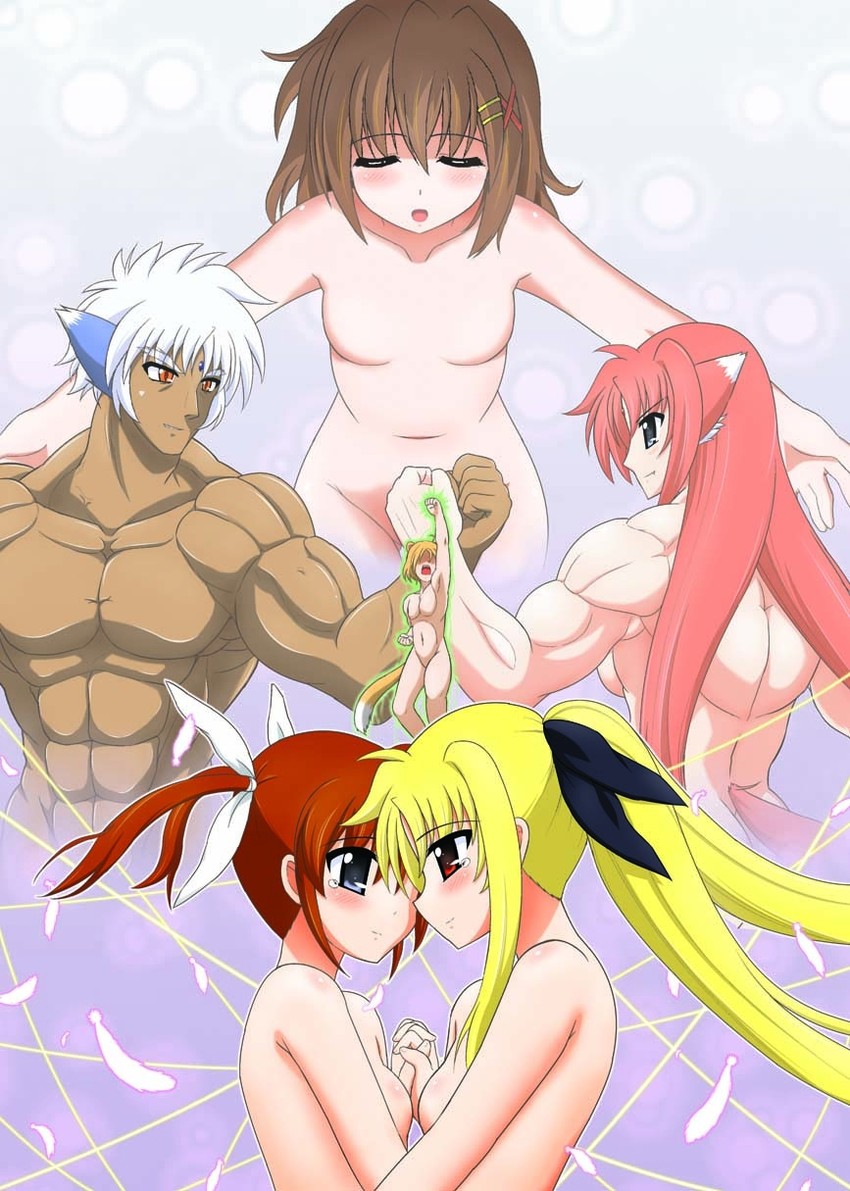 fate testarossa, takamachi nanoha, yagami hayate, yuuno scrya, zafira, and 1 more (lyrical nanoha and 3 more) drawn by enma702