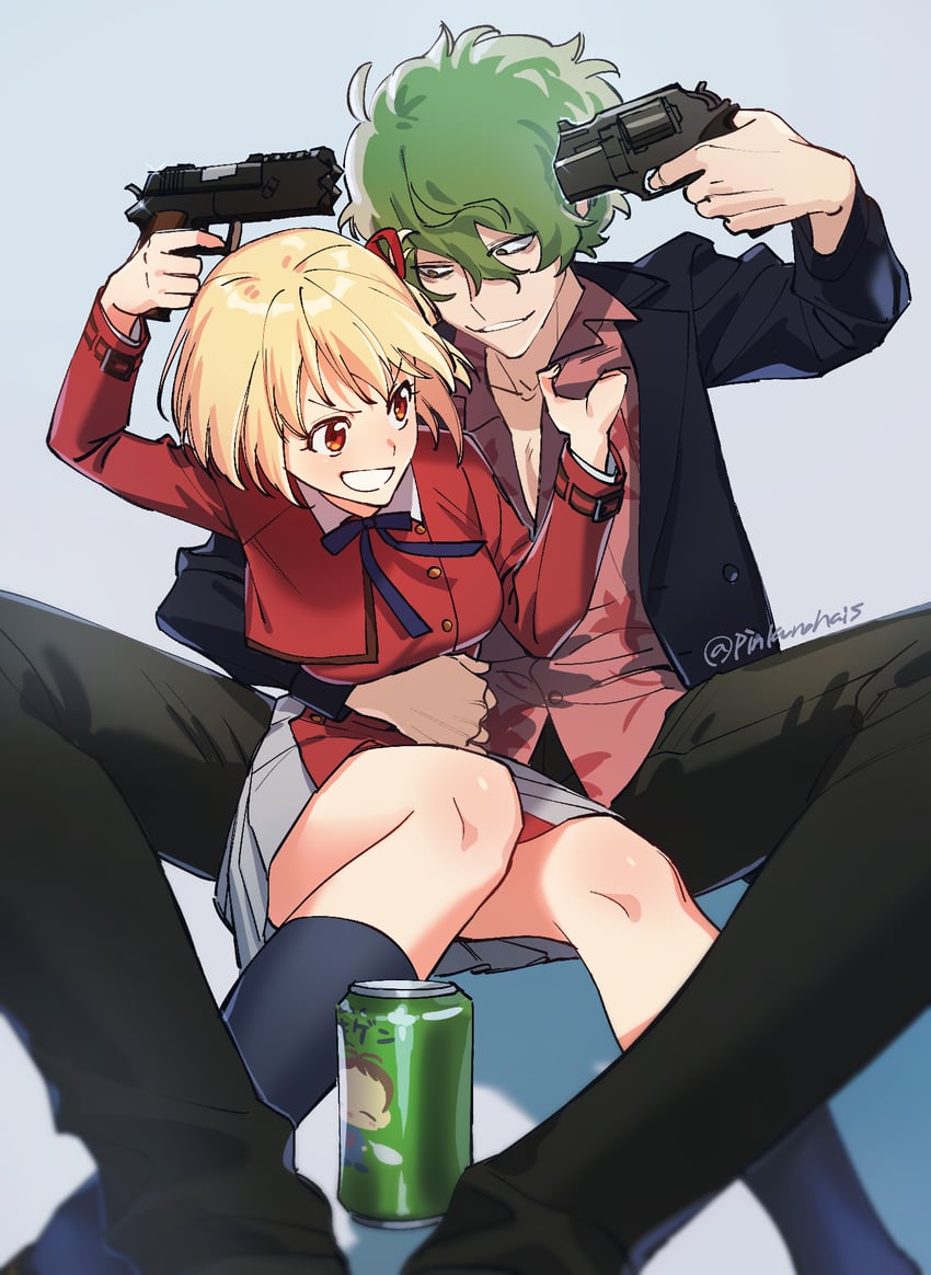 nishikigi chisato and majima (lycoris recoil) drawn by pinkurohai