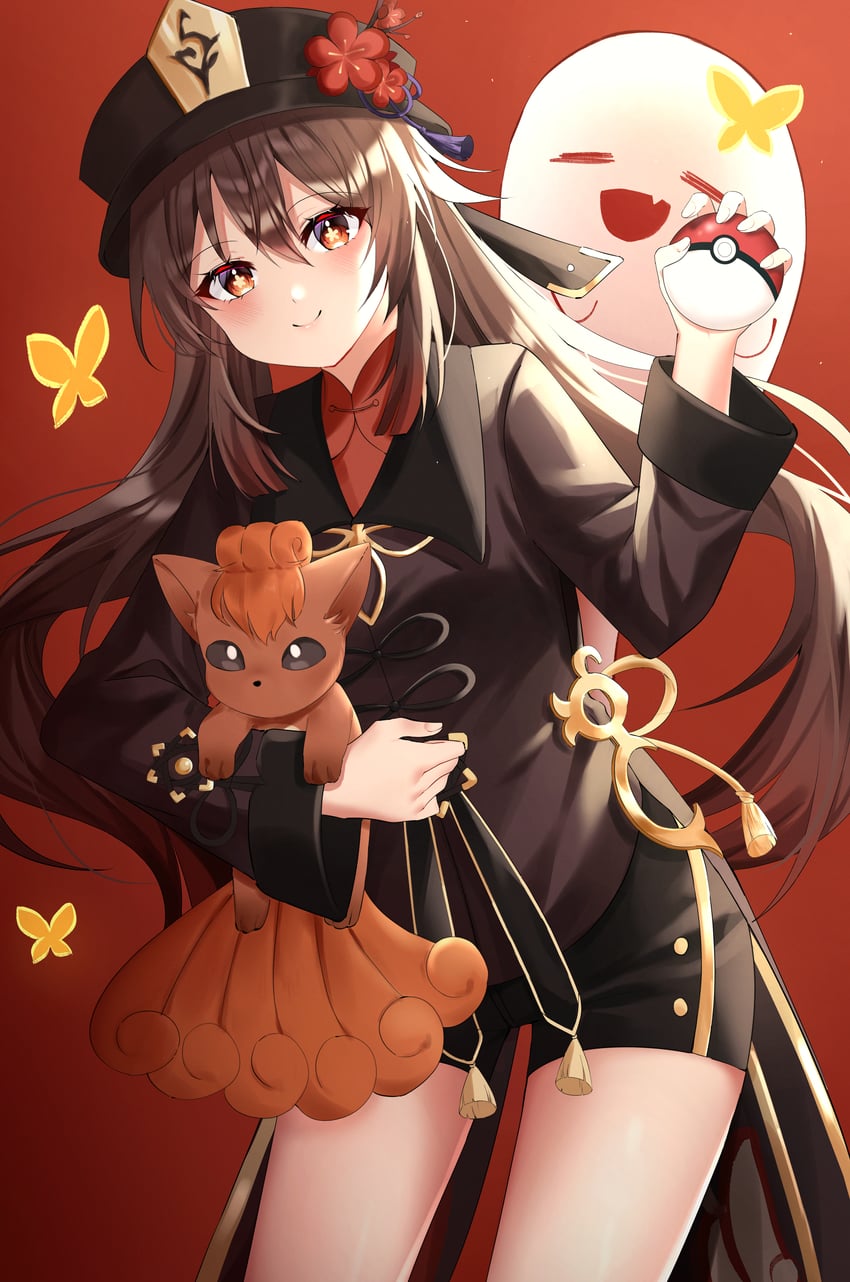 hu tao, boo tao, and vulpix (pokemon and 1 more) drawn by emduck