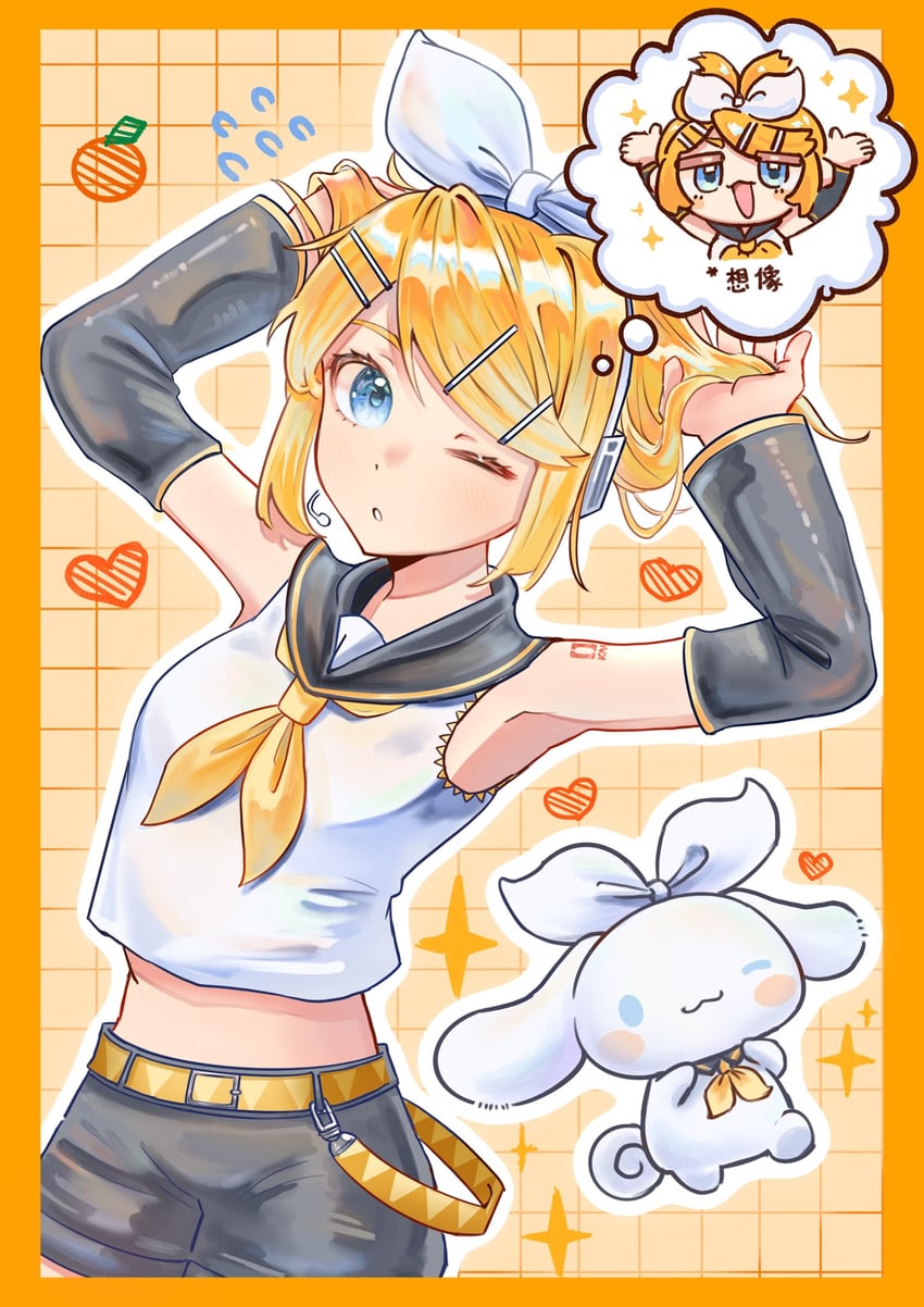 kagamine rin and cinnamoroll (vocaloid and 2 more) drawn by lint