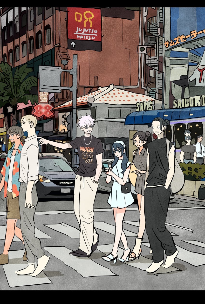gojou satoru, fushiguro megumi, getou suguru, nanami kento, fushiguro touji, and 4 more (jujutsu kaisen) drawn by takeuchi_ryousuke