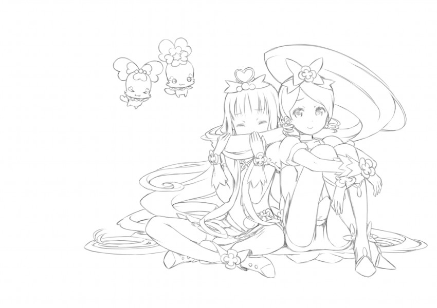 kurumi erika, hanasaki tsubomi, cure marine, cure blossom, coffret, and 1 more (precure and 1 more) drawn by kuroboshi_kouhaku