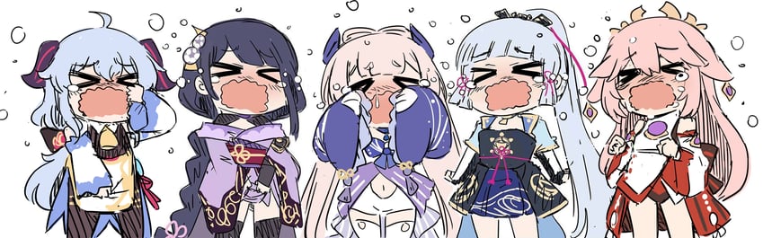 ganyu, raiden shogun, yae miko, kamisato ayaka, and sangonomiya kokomi (genshin impact) drawn by sesield