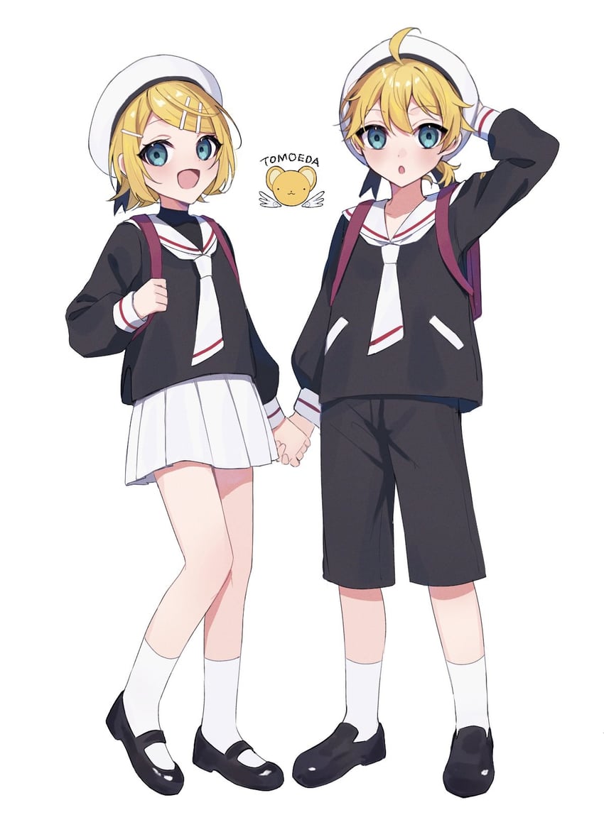 kagamine rin, kagamine len, kinomoto sakura, kero, and li syaoran (vocaloid and 1 more) drawn by rabu_(airabuu5211)