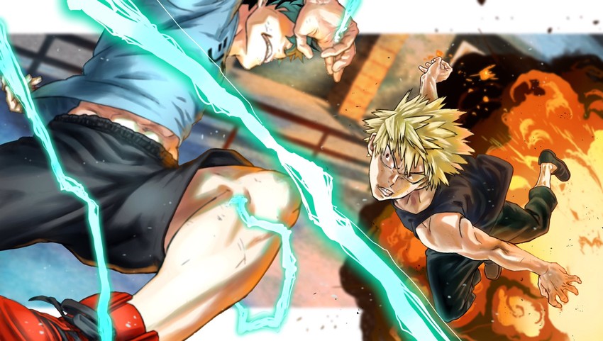 midoriya izuku and bakugou katsuki (boku no hero academia) drawn by yomoyama_yotabanashi