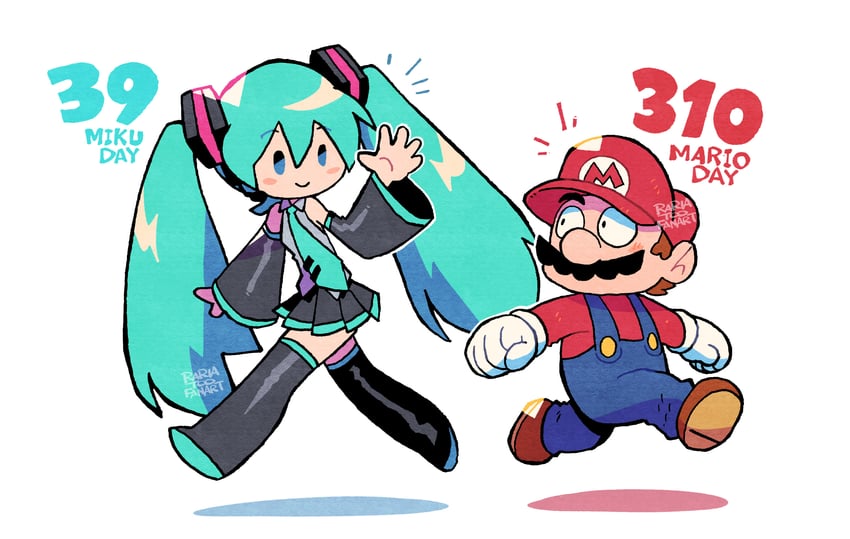 hatsune miku and mario (vocaloid and 1 more) drawn by rariatto_(ganguri)