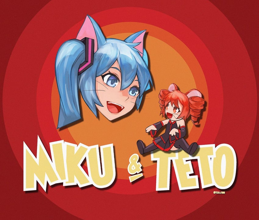 hatsune miku, kasane teto, tom, and jerry (vocaloid and 2 more) drawn by tchairss