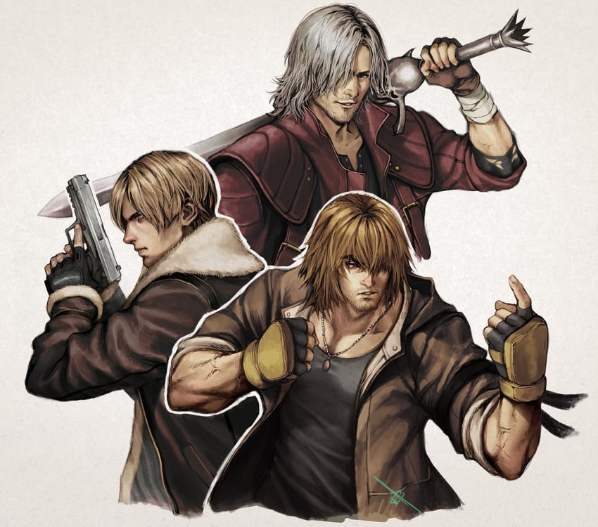 dante, leon s. kennedy, and ken masters (street fighter and 5 more) drawn by ericson_blum