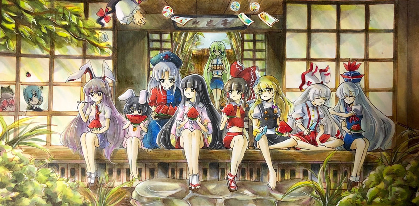 hakurei reimu, kirisame marisa, kochiya sanae, yakumo yukari, reisen udongein inaba, and 7 more (touhou and 1 more) drawn by hisako_(6anmbblfnjueeff)