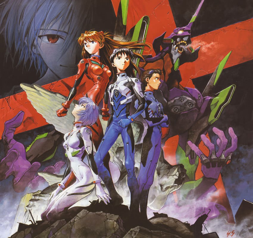 souryuu asuka langley, ayanami rei, ikari shinji, nagisa kaworu, eva 01, and 1 more (neon genesis evangelion) drawn by sadamoto_yoshiyuki