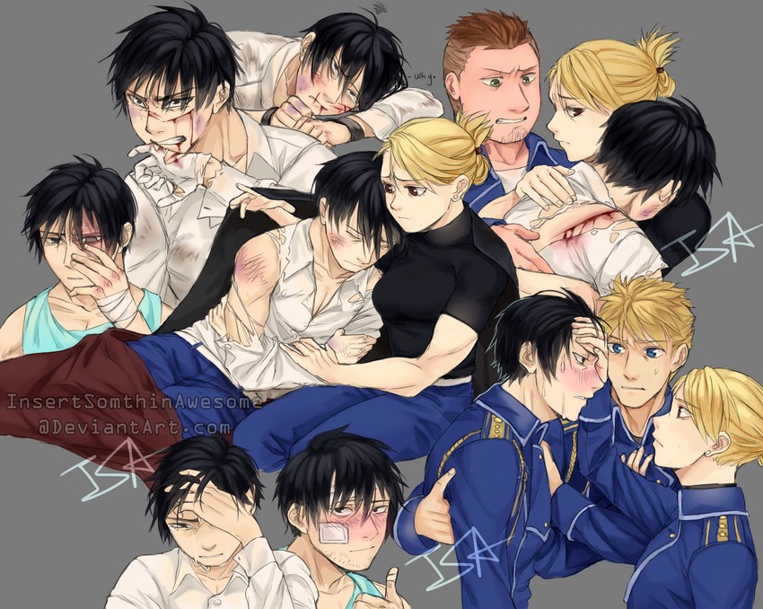 riza hawkeye, roy mustang, jean havoc, and heymans breda (fullmetal alchemist) drawn by insertsomthinawesome