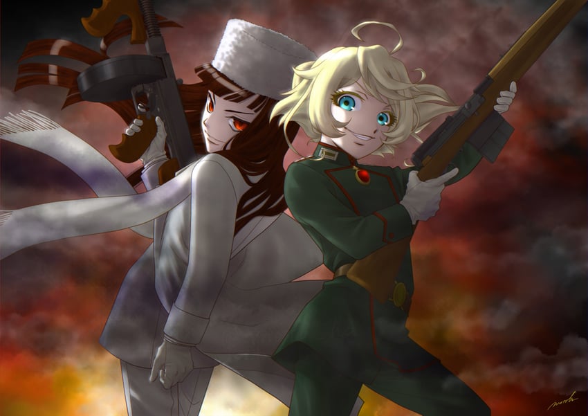 tanya degurechaff, alucard, and girlycard (hellsing and 1 more) drawn by moto_ho