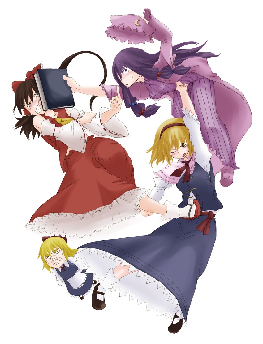 hakurei reimu, alice margatroid, patchouli knowledge, and shanghai doll (touhou) drawn by chomoran and futami_yayoi