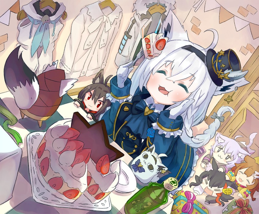 shirakami fubuki, nekomata okayu, ookami mio, inugami korone, kurokami fubuki, and 2 more (hololive) drawn by yunra665