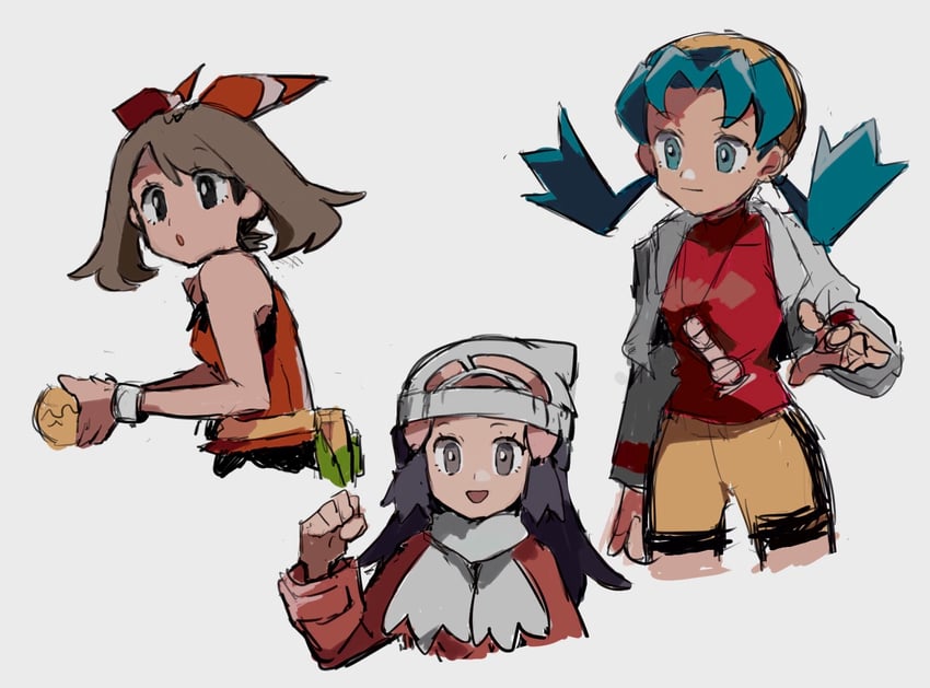 dawn, may, and kris (pokemon and 4 more) drawn by shichibee_(stm_mimi)