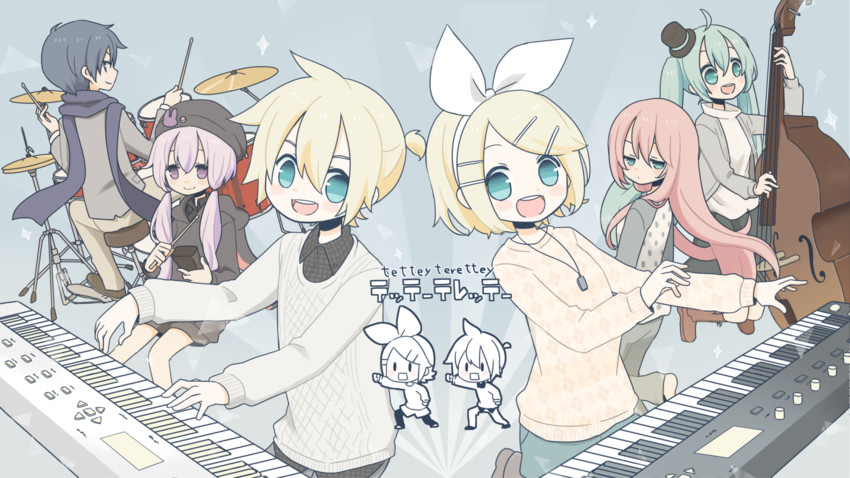hatsune miku, kagamine rin, kagamine len, megurine luka, yuzuki yukari, and 1 more (vocaloid and 1 more) drawn by najo