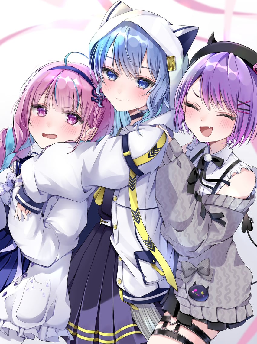hoshimachi suisei, minato aqua, and tokoyami towa (hololive) drawn by kochitora_9