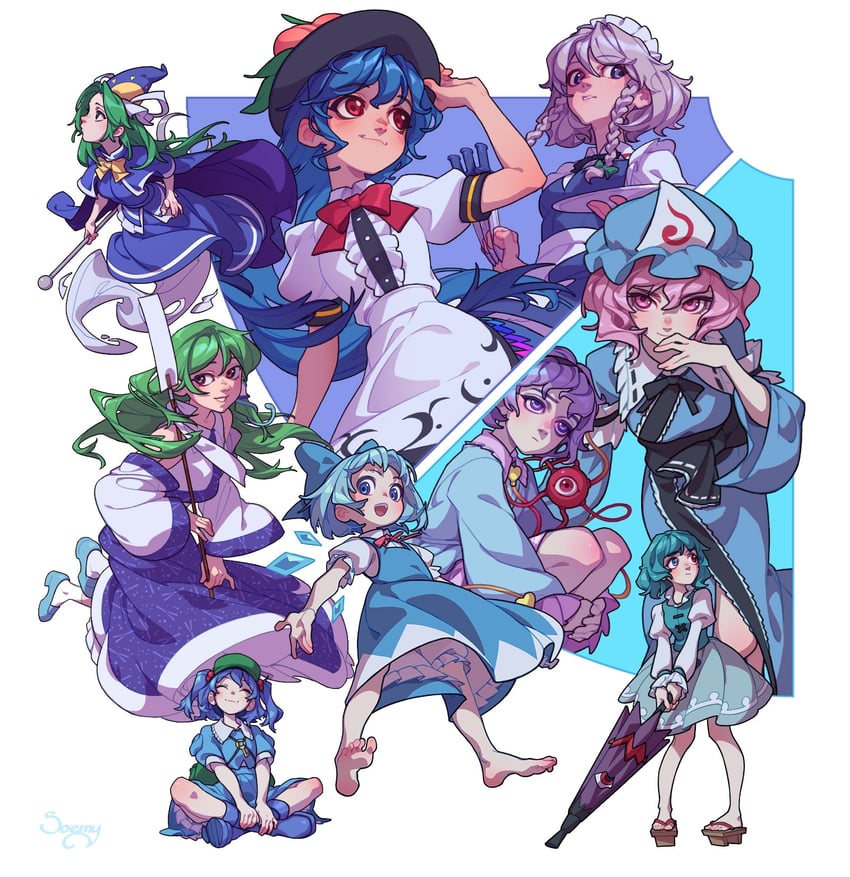 kochiya sanae, cirno, komeiji satori, saigyouji yuyuko, tatara kogasa, and 3 more (touhou) drawn by soemy