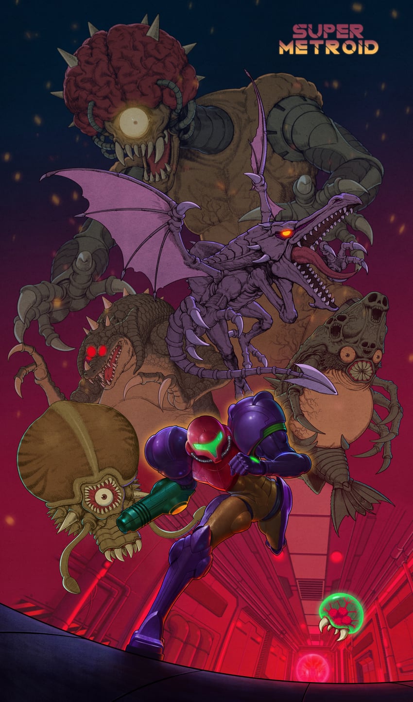 samus aran, metroid, metroid larva, ridley, mother brain, and 3 more (metroid and 1 more) drawn by shimetsukage