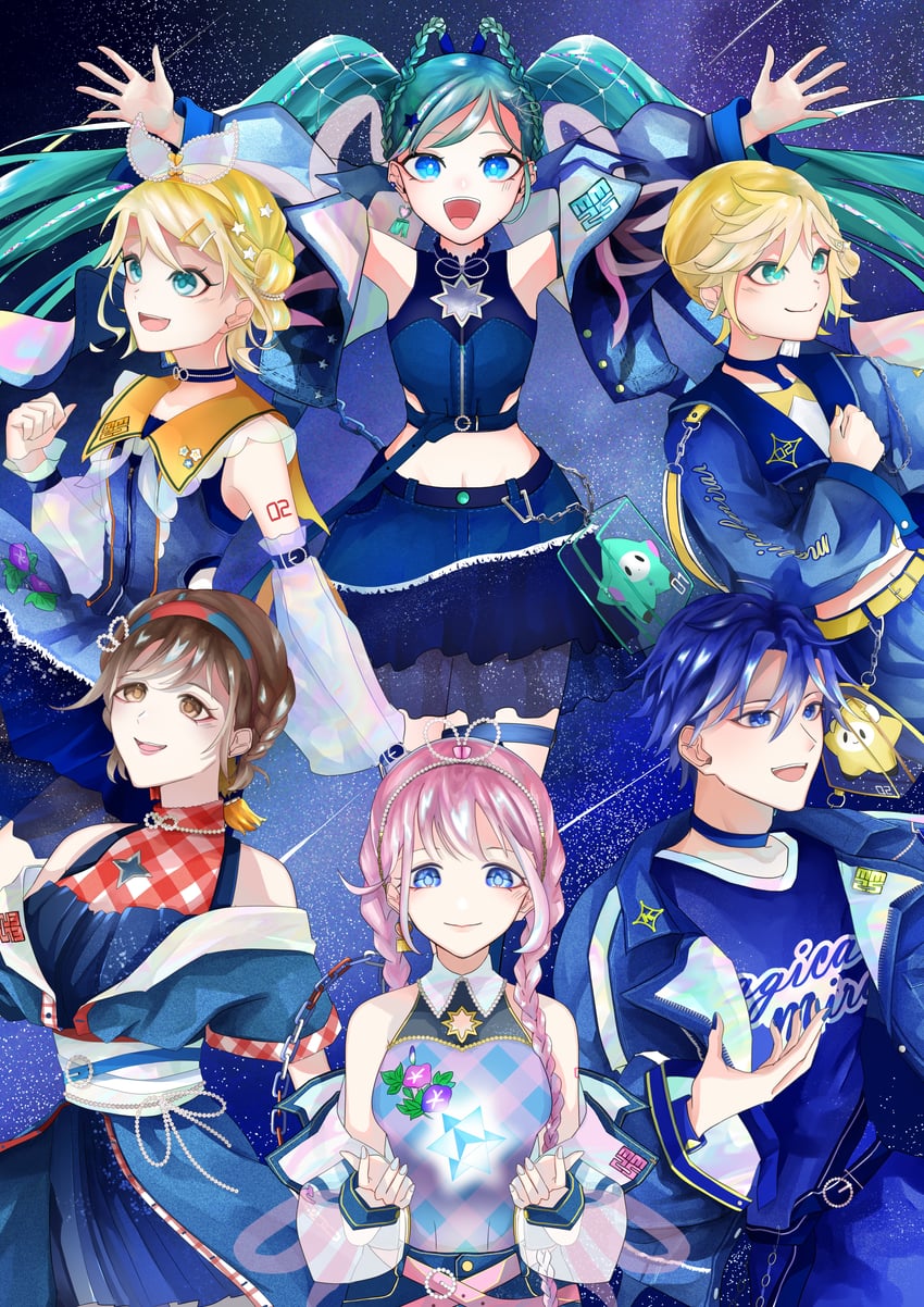 hatsune miku, kagamine rin, kagamine len, megurine luka, kaito, and 7 more (vocaloid and 1 more) drawn by amaume