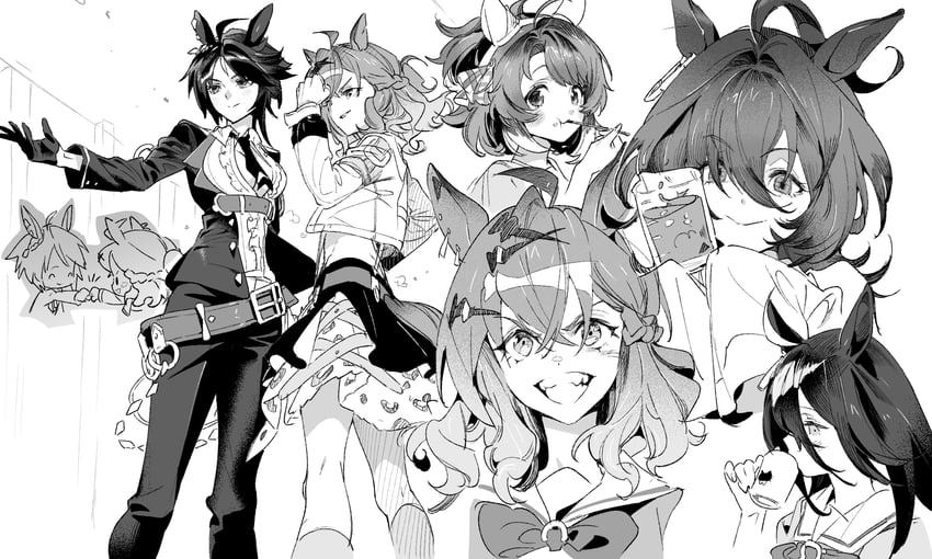 agnes tachyon, manhattan cafe, jungle pocket, dantsu flame, and fuji kiseki (umamusume and 1 more) drawn by chiltaku