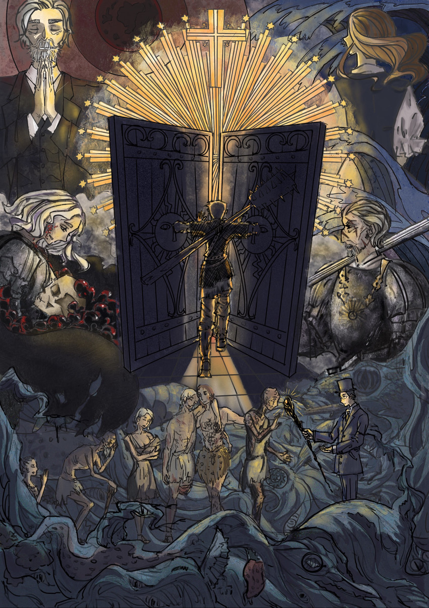 klein moretti, gehrman sparrow, derrick berg, lovia, and colin iliad (lord of the mysteries) drawn by valzer