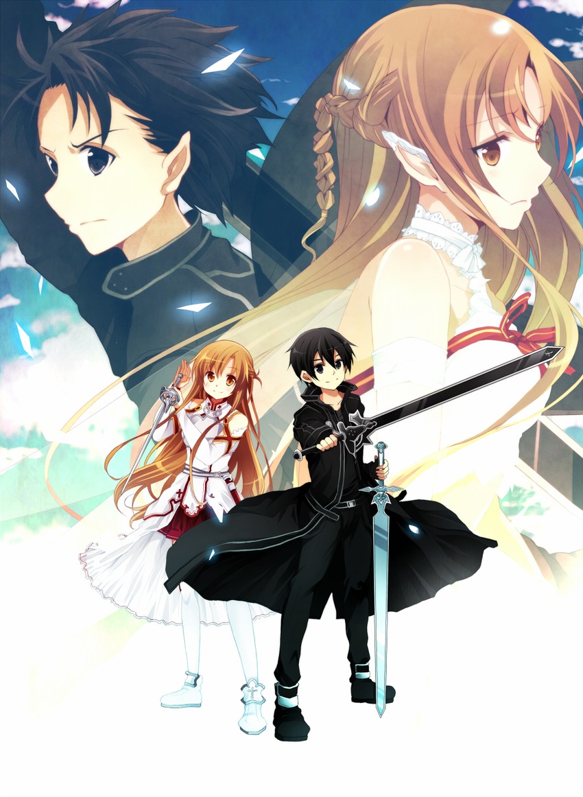 asuna, kirito, and titania (sword art online) drawn by hanahubuki1991