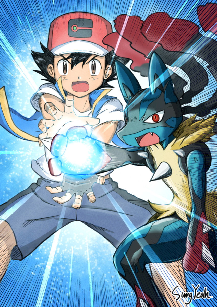 ash ketchum, lucario, and mega lucario (pokemon and 3 more) drawn by sungyeah