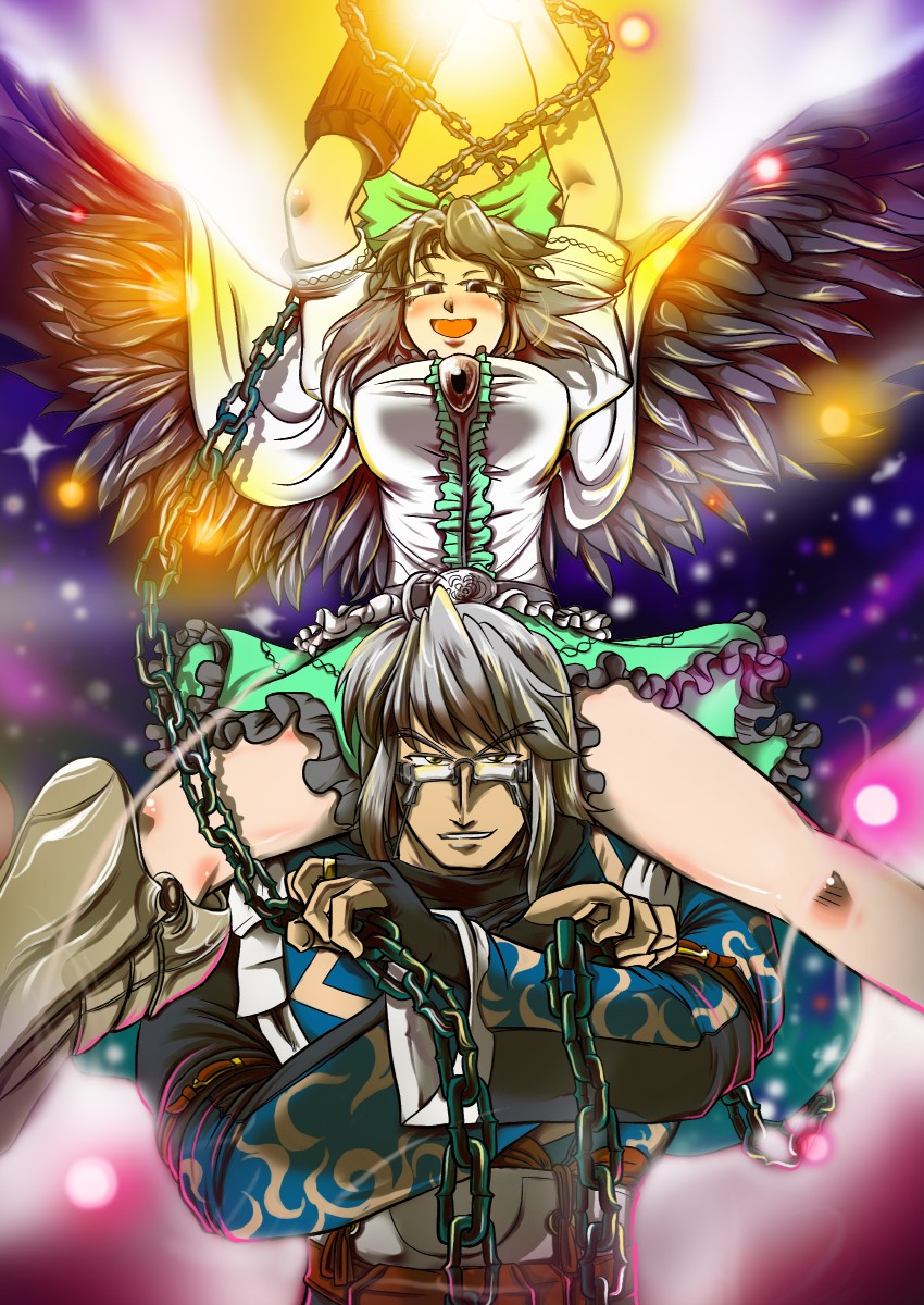 reiuji utsuho and morichika rinnosuke (touhou) drawn by shuma_(daitokei)