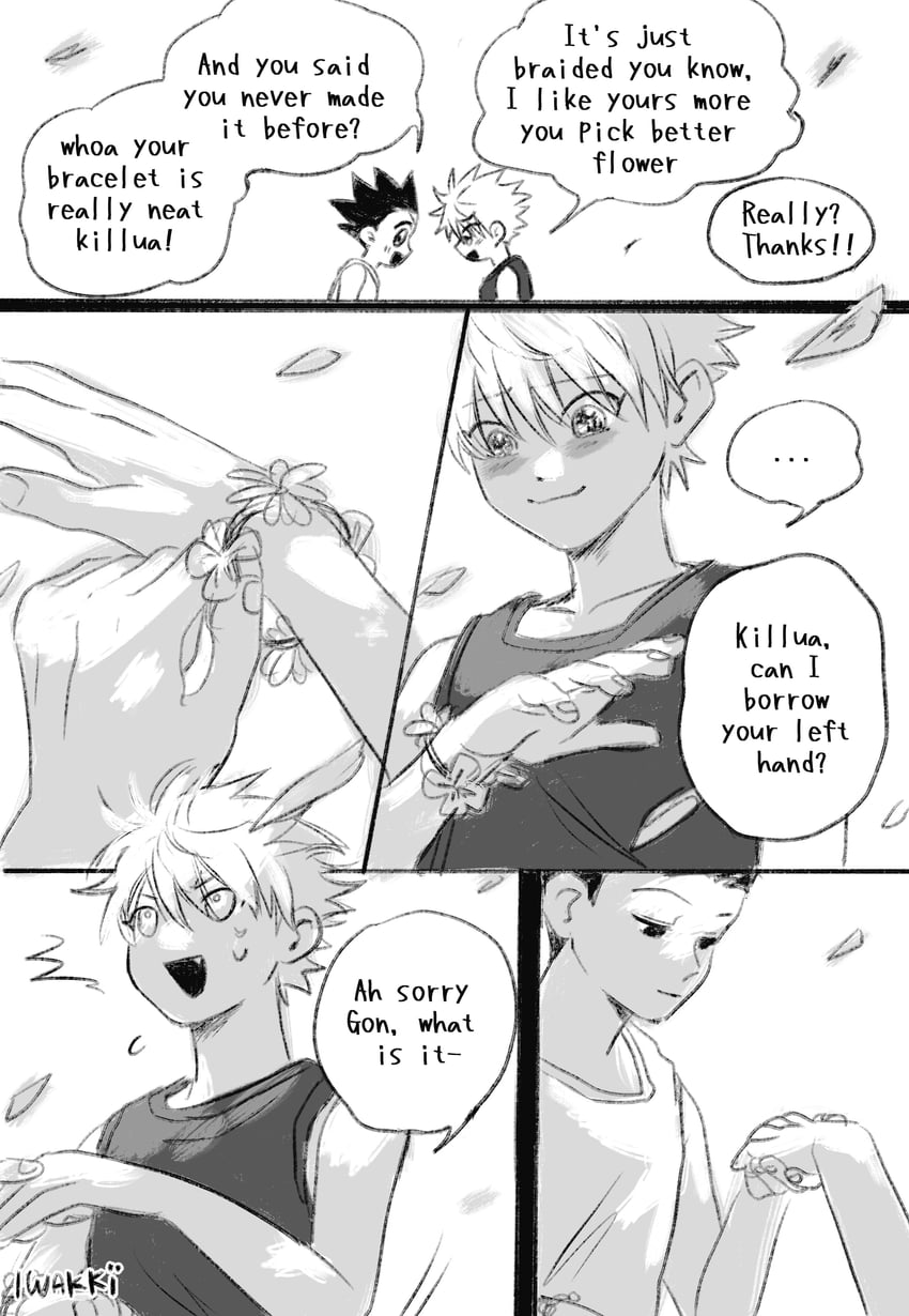 killua zoldyck and gon freecss (hunter x hunter) drawn by iwakki