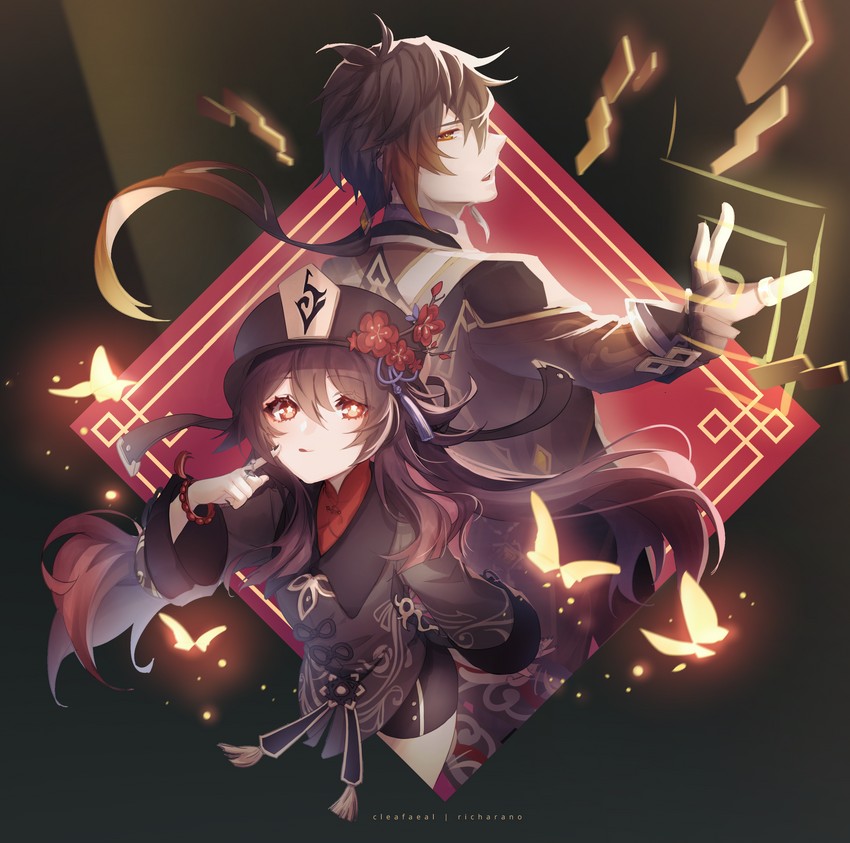hu tao and zhongli (genshin impact) drawn by althea_jade