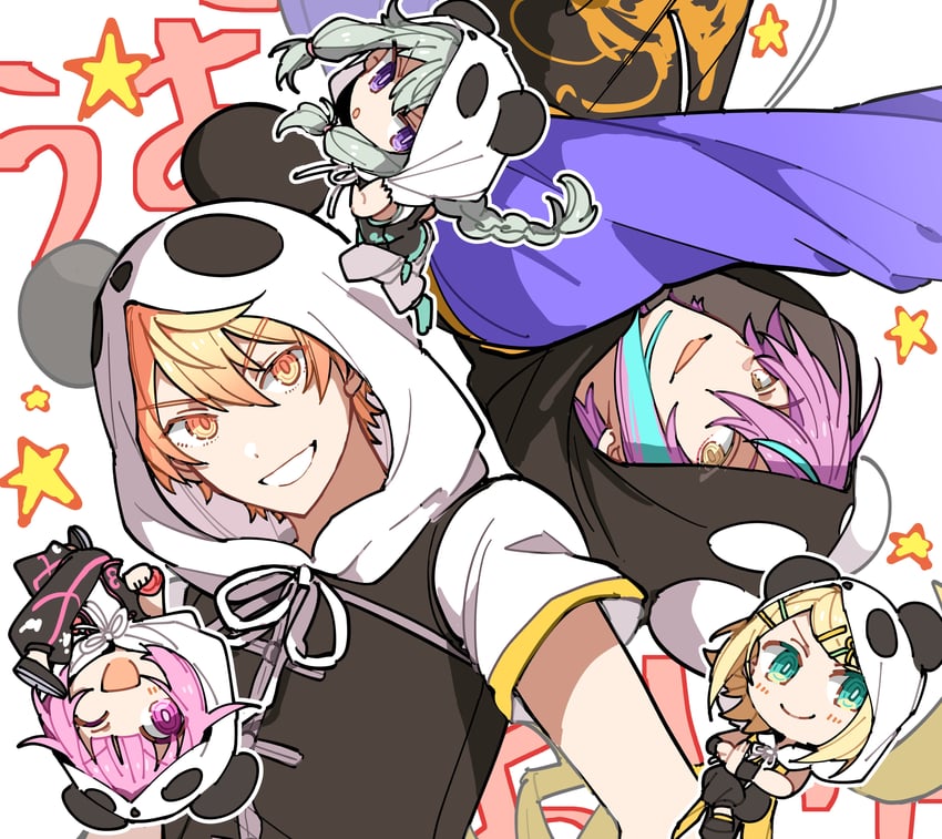 kagamine rin, ootori emu, tenma tsukasa, kusanagi nene, kamishiro rui, and 1 more (vocaloid and 2 more) drawn by hoshi-toge