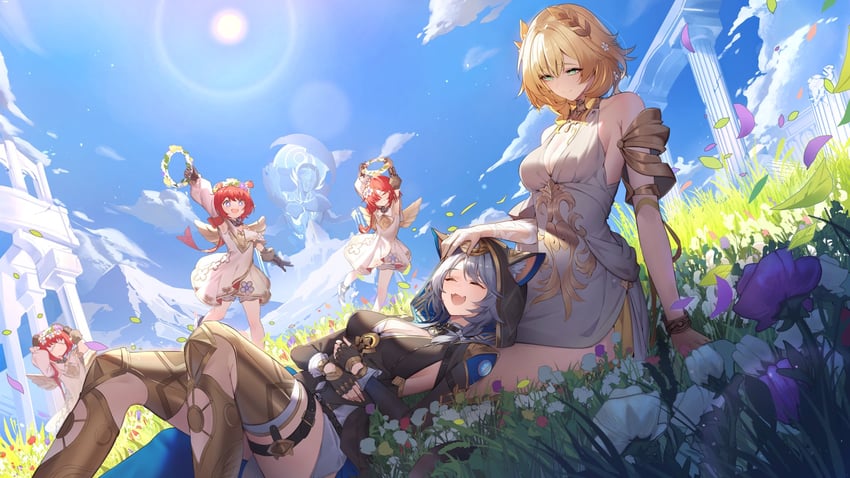 aglaea, cipher, tribbie, trianne, and trinnon (honkai and 1 more) drawn by e_buki