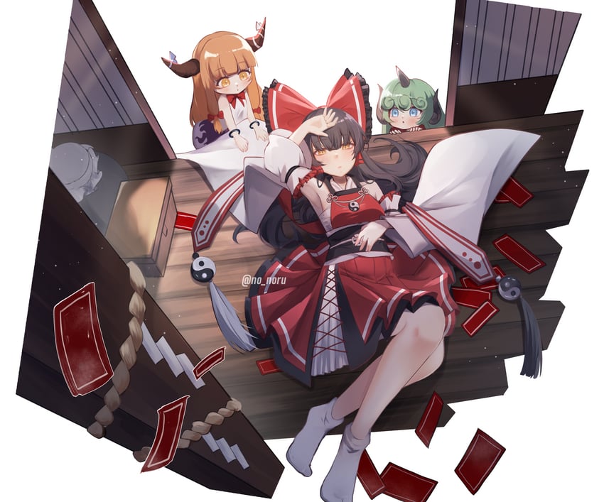 hakurei reimu, ibuki suika, and komano aunn (touhou and 1 more) drawn by no_noru