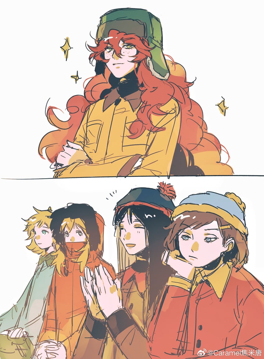stan marsh, kenny mccormick, kyle broflovski, eric cartman, and butters stotch (south park) drawn by caramel_jiaomitang