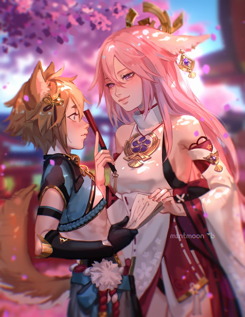 yae miko and gorou (genshin impact) drawn by quasarus_catt