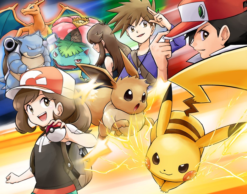 pikachu, red, eevee, blue oak, charizard, and 4 more (pokemon and 1 more) drawn by ayo_(ayosanri009)