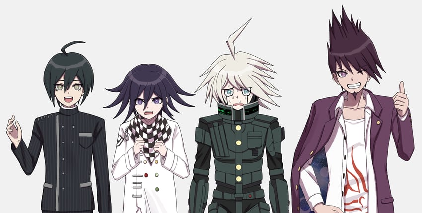 oma kokichi, saihara shuichi, momota kaito, and k1-b0 (danganronpa and 1 more) drawn by arironpawa