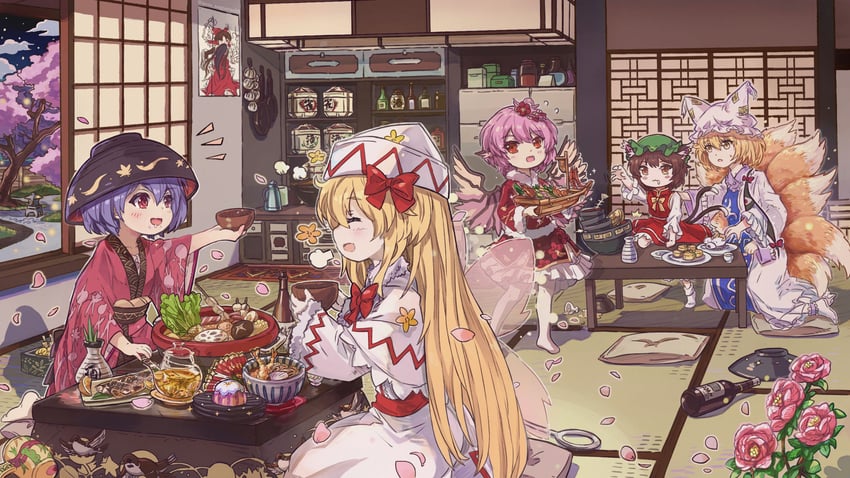 hakurei reimu, yakumo yukari, yakumo ran, chen, mystia lorelei, and 2 more (touhou and 1 more) drawn by nero_augustus