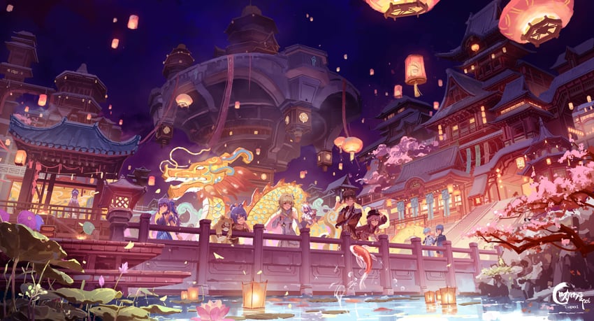 lumine, hu tao, zhongli, keqing, paimon, and 5 more (genshin impact) drawn by chigalidepoi