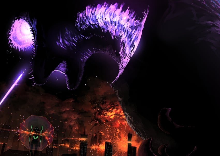 godzilla and eva 01 (neon genesis evangelion and 2 more) drawn by kawayabug