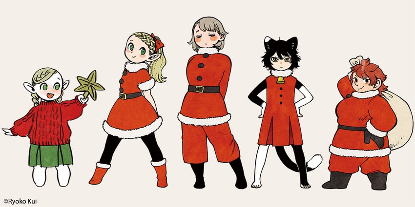 marcille donato, falin touden, izutsumi, and namari (dungeon meshi) drawn by kui_ryouko