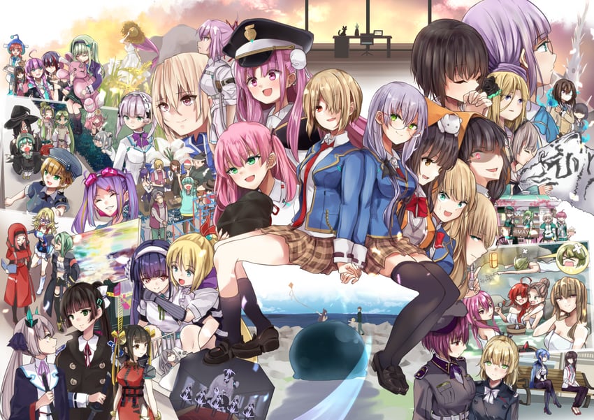 kayamori ruka, izumi yuki, asakura karen, toujou tsukasa, aikawa megumi, and 48 more (heaven burns red) drawn by kurage_(kurage19)