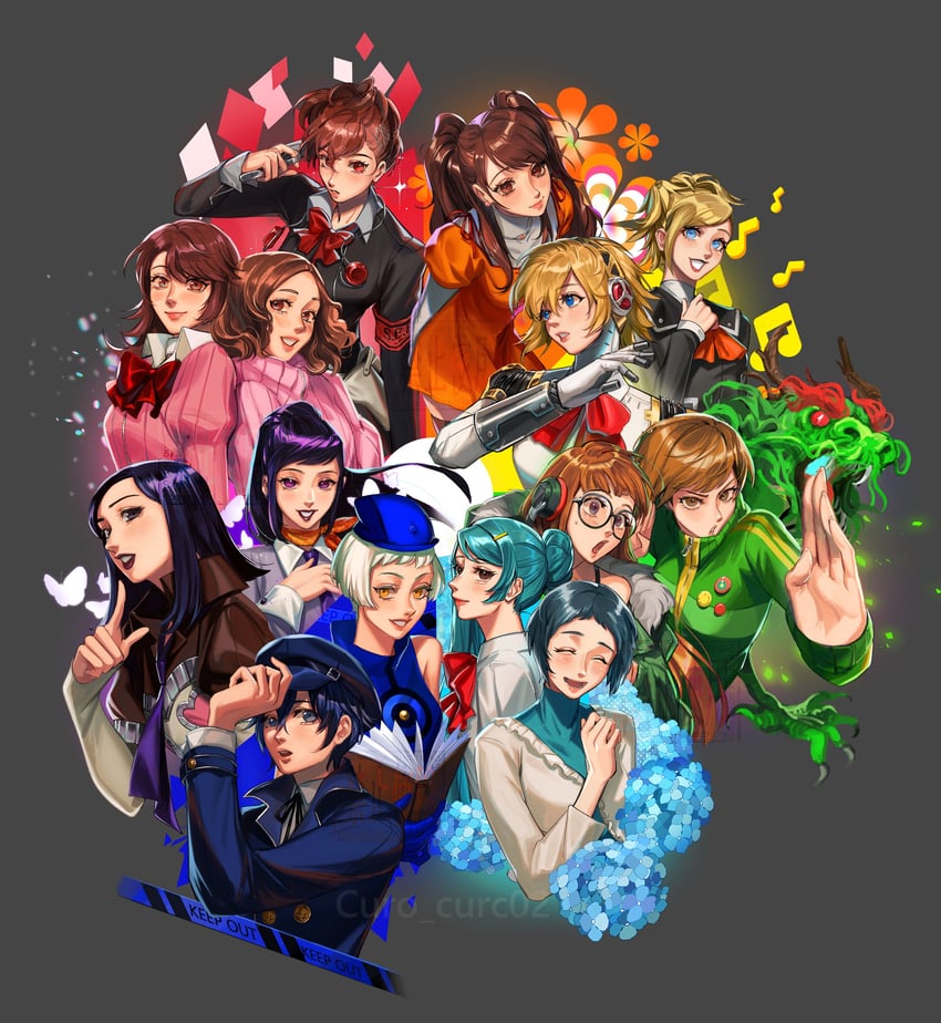 shirogane naoto, satonaka chie, aigis, kujikawa rise, shiomi kotone, and 10 more (persona and 9 more) drawn by curo_(curo_02)