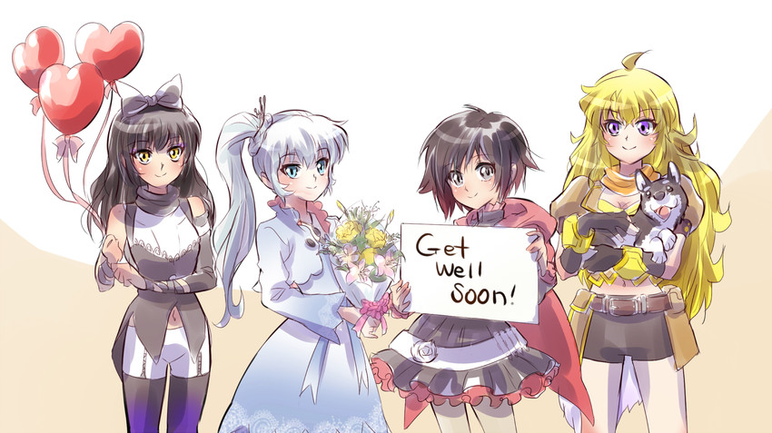 ruby rose, weiss schnee, yang xiao long, blake belladonna, and zwei (rwby) drawn by iesupa