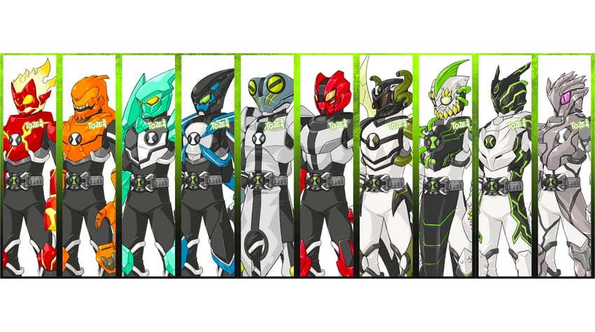 four arms, heatblast, xlr8, upgrade, diamondhead, and 6 more (kamen rider and 1 more) drawn by to_ze